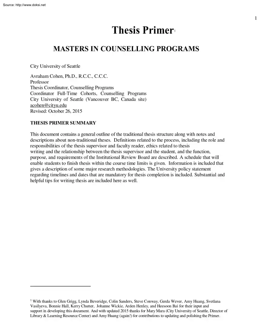 Avraham Cohen - Thesis Primer, Masters in Counselling Programs