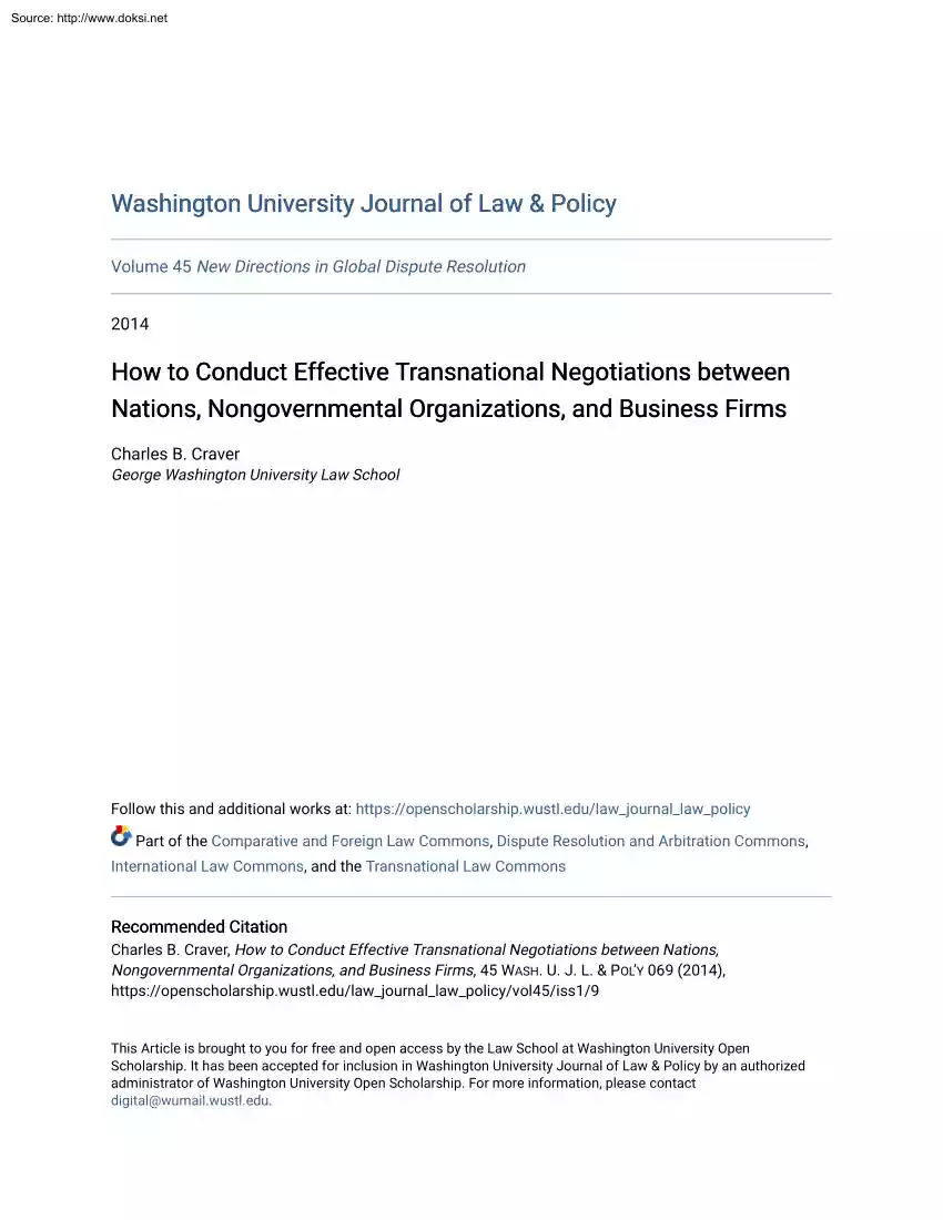 Charles B. Craver - How to Conduct Effective Transnational Negotiations between Nations, Nongovernmental Organizations, and Business Firms
