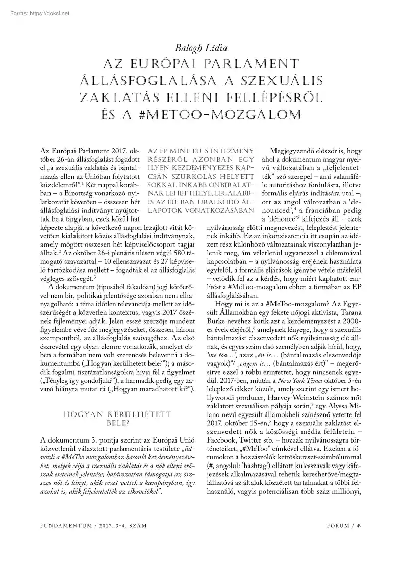 Balogh Lídia - Az Európai Parlament állásfoglalása a szexuális zaklatás elleni