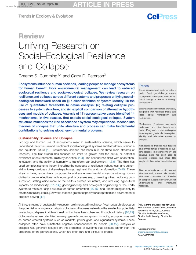 Unifying Research on Social–Ecological Resilience and Collapse