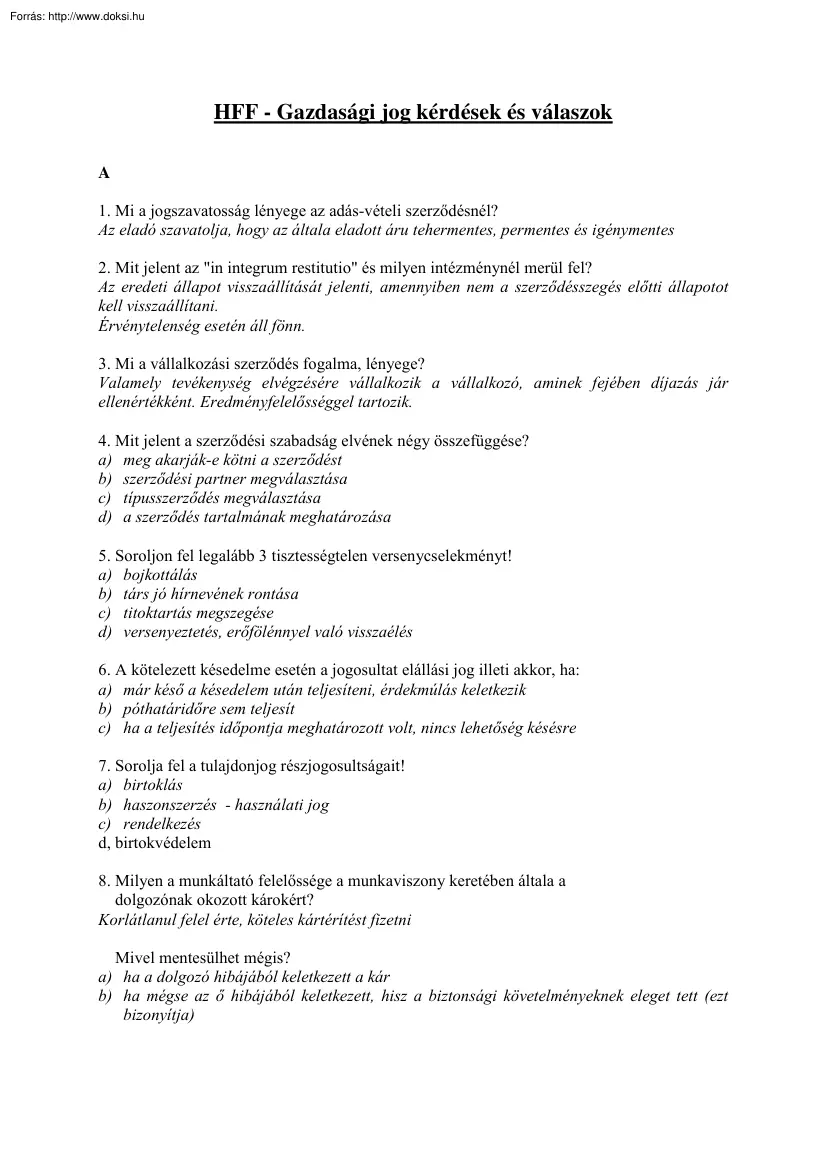 HFF Gazdasági jog kérdések és válaszok