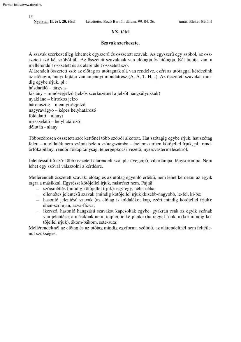 Bozó Bernát - Szavak szerkezete