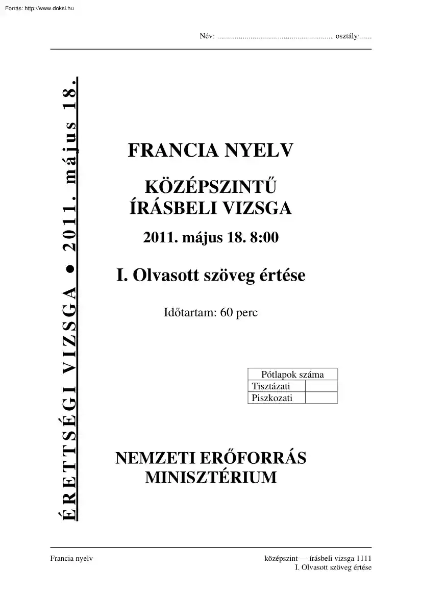 Francia nyelv középszintű írásbeli érettségi vizsga megoldással, 2011