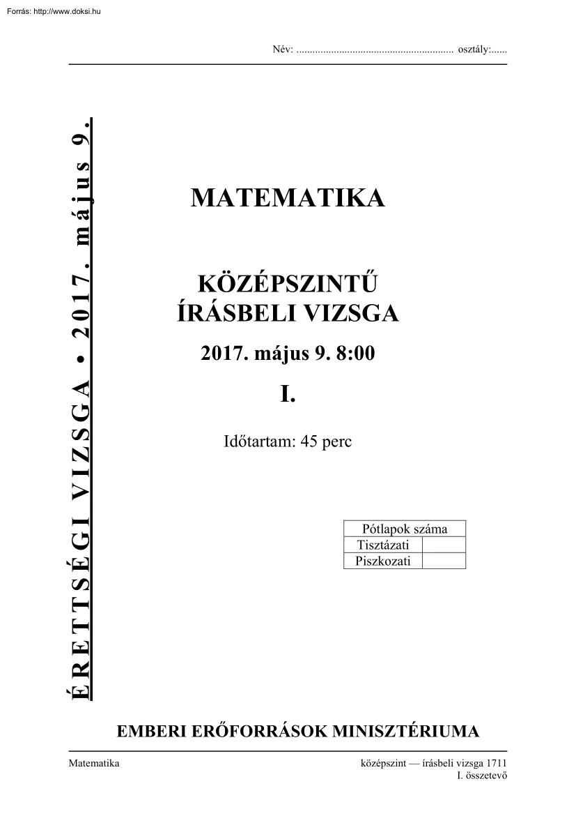 Matematika közép szintű írásbeli érettségi vizsga, megoldással, 2017