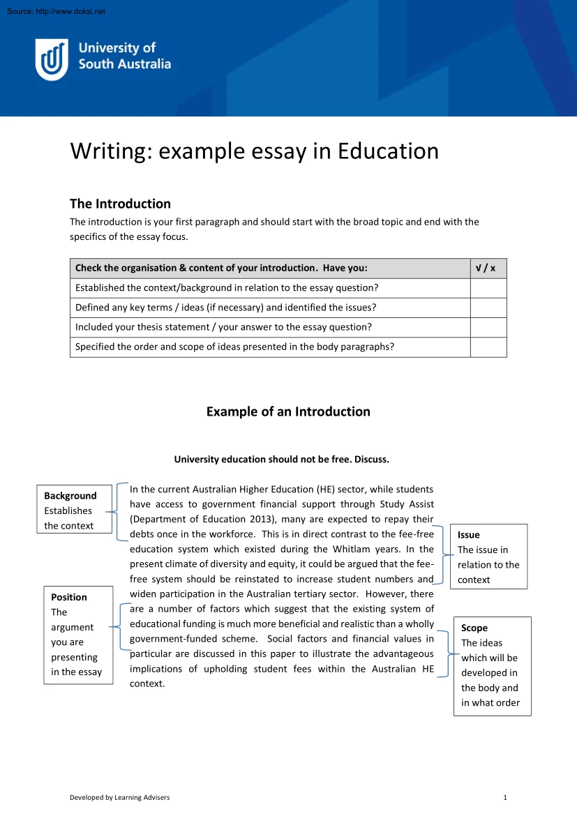 Writing, Example Essay in Education
