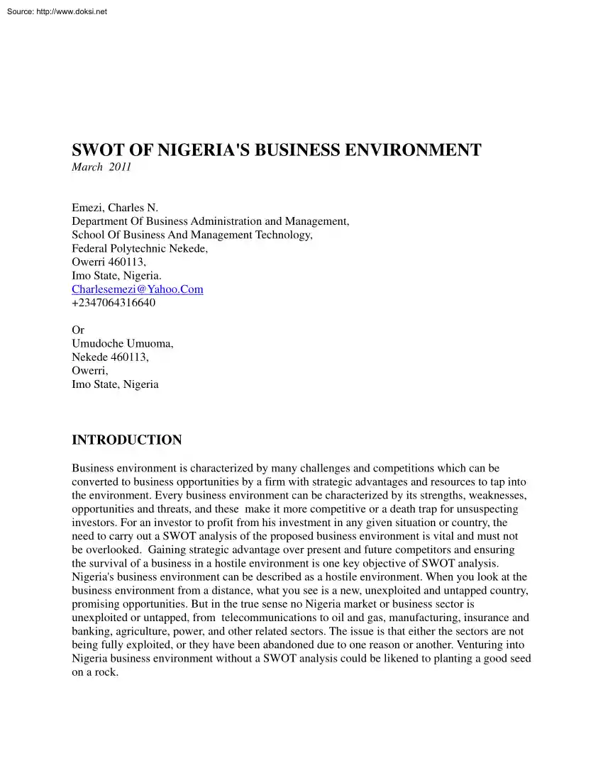 Charles-Umuoma - Swot of Nigerias Business Environment