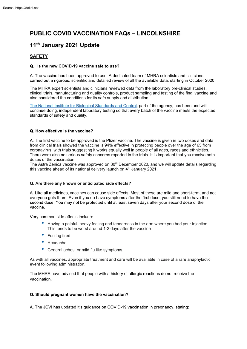 Public COVID Vaccination FAQs, Lincolnshire