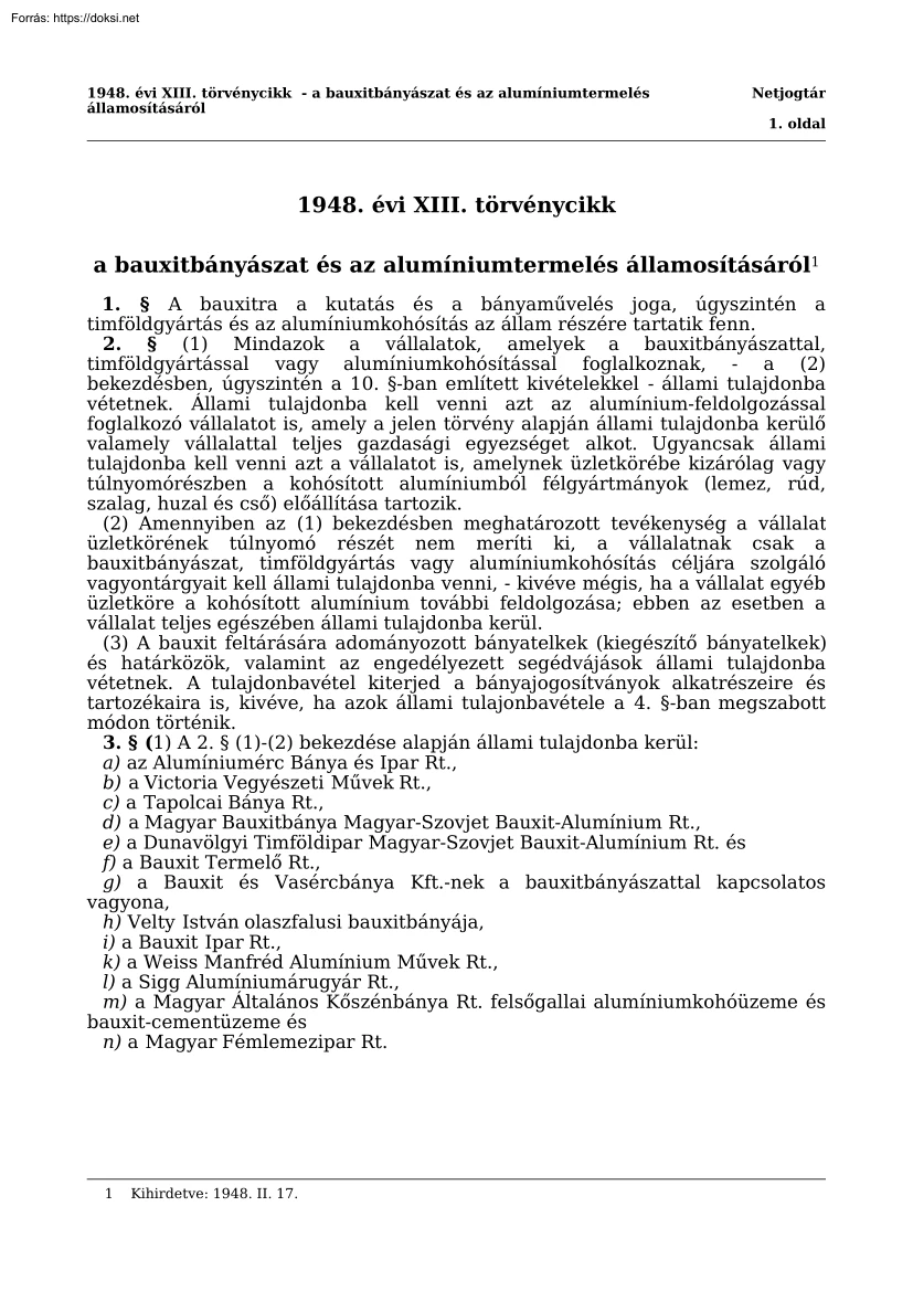 1948. évi XIII. törvénycikk a bauxitbányászat és az alumíniumtermelés államosításáról