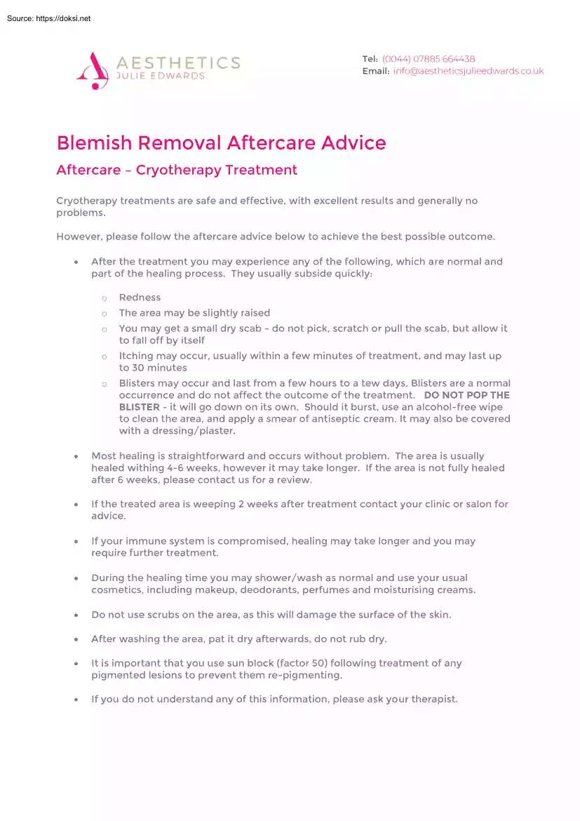 Blemish Removal Aftercare Advice