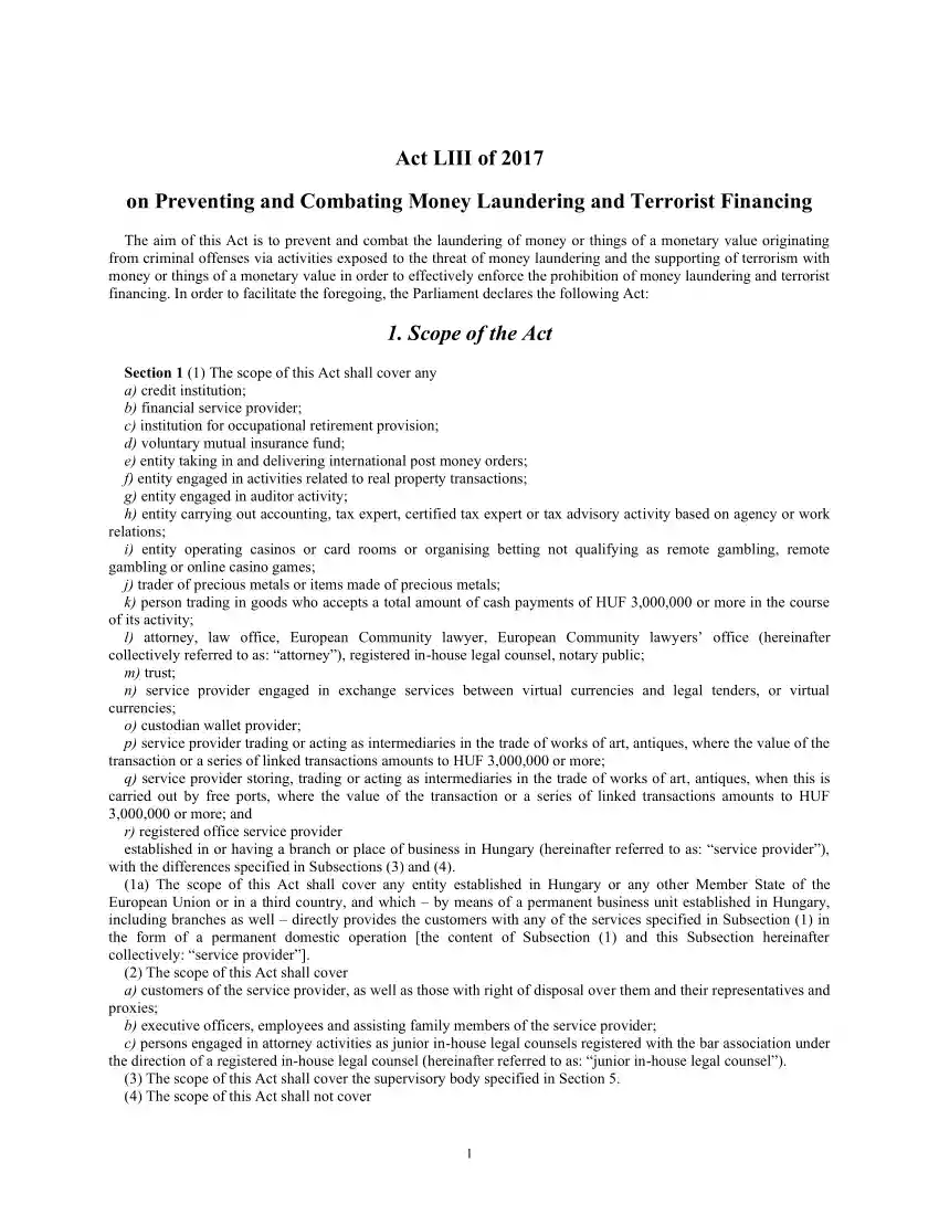 Act LIII of 2017 on Preventing and Combating Money Laundering and Terrorist Financing