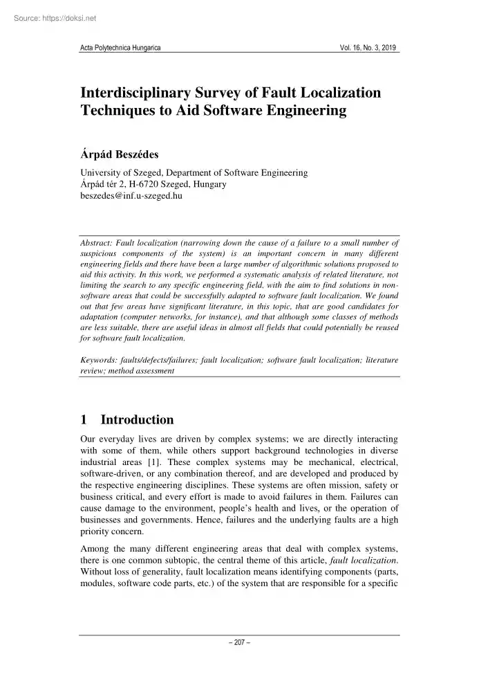 Árpád Beszédes - Interdisciplinary Survey of Fault Localization Techniques to Aid Software