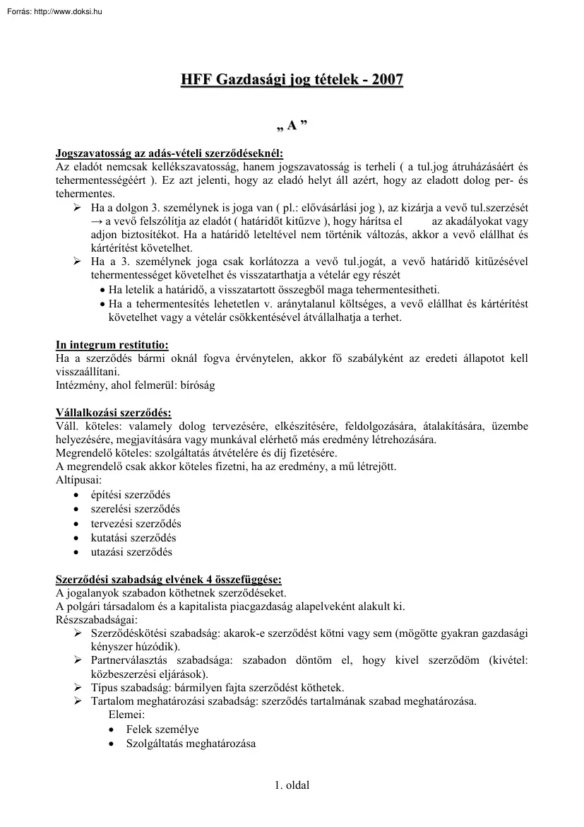 HFF Gazdasági jog tételek, 2007