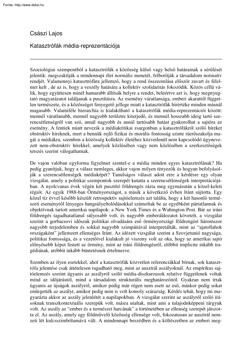 Császi Lajos - Katasztrófák média-reprezentációja