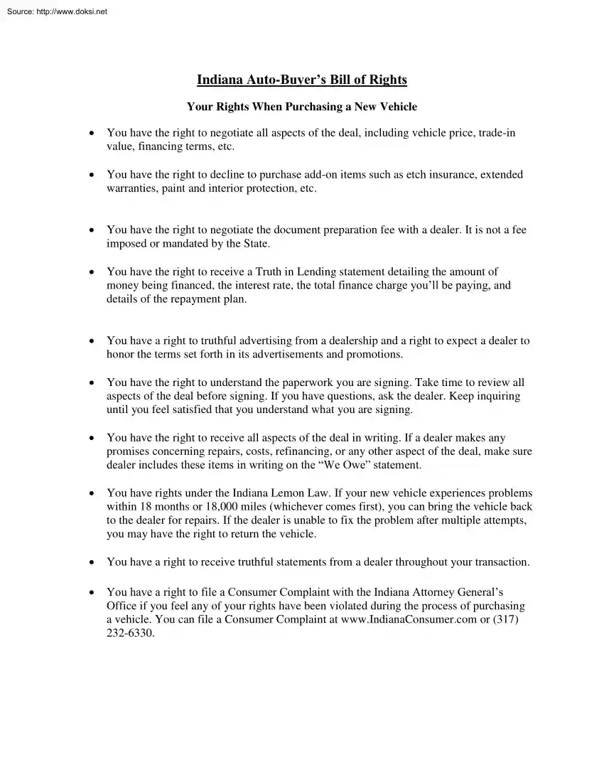 Indiana Auto Buyer Bill of Rights, Your Rights When Purchasing a New Vehicle