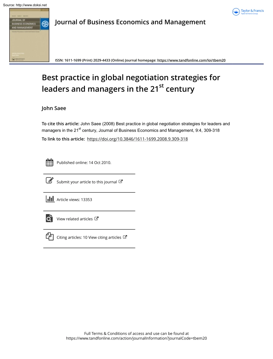 John Saee - Best Practice in Global Negotiation Strategies for Leaders and Managers in the 21st Century
