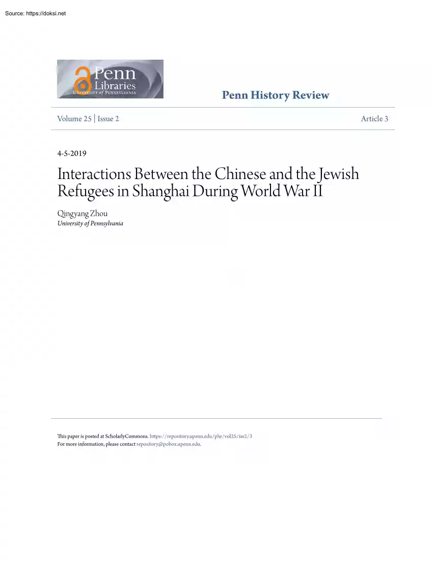 Interactions Between the Chinese and the Jewish Refugees in Shanghai During World War II