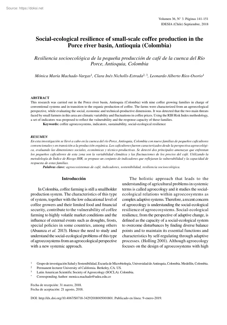 Social-ecological resilience of small-scale coffee production in the Porce river basin, Antioquia