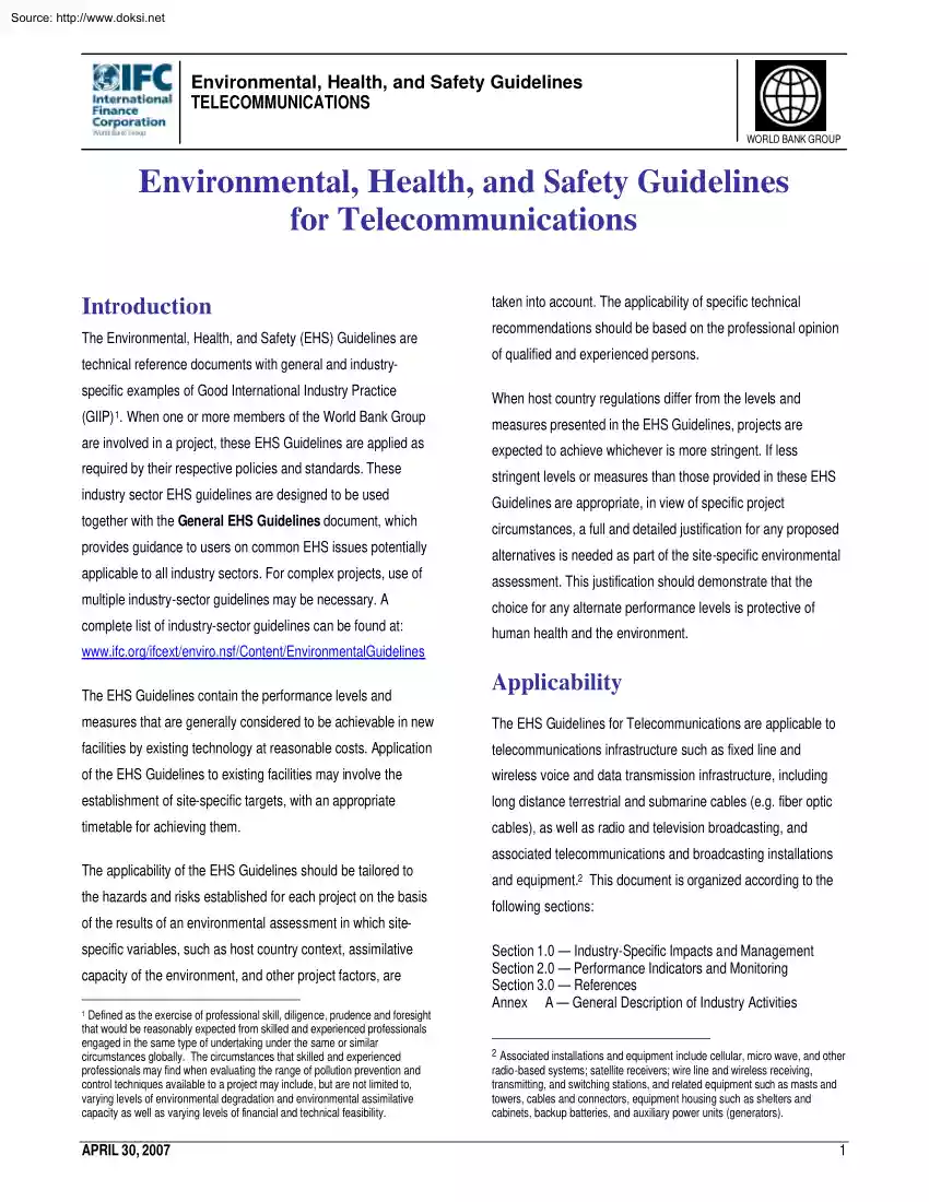 Environmental, Health, and Safety Guidelines for Telecommunications
