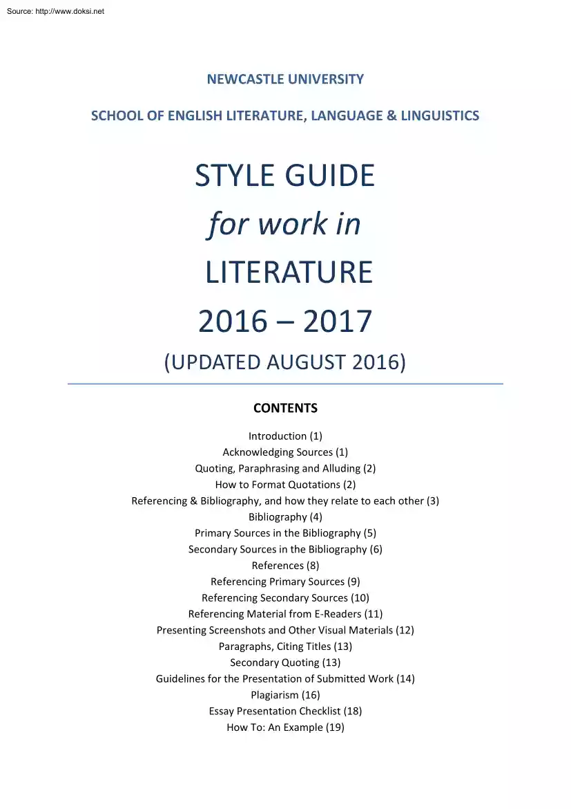 Style Guide for Work in Literature