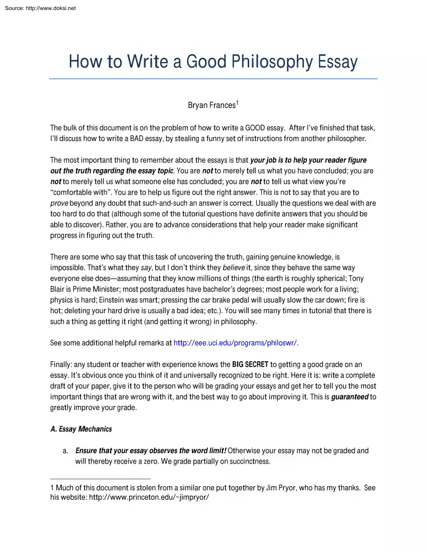 Bryan Frances - How to write a good Philosophy essay