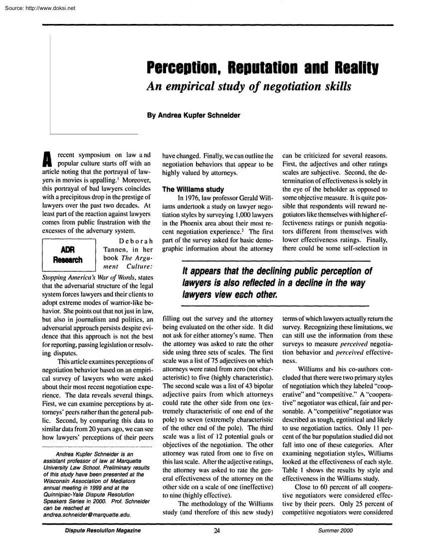Andrea Kupfer Schneider - Perception, Reputation and Reality, An Empirical Study of Negotiation Skills