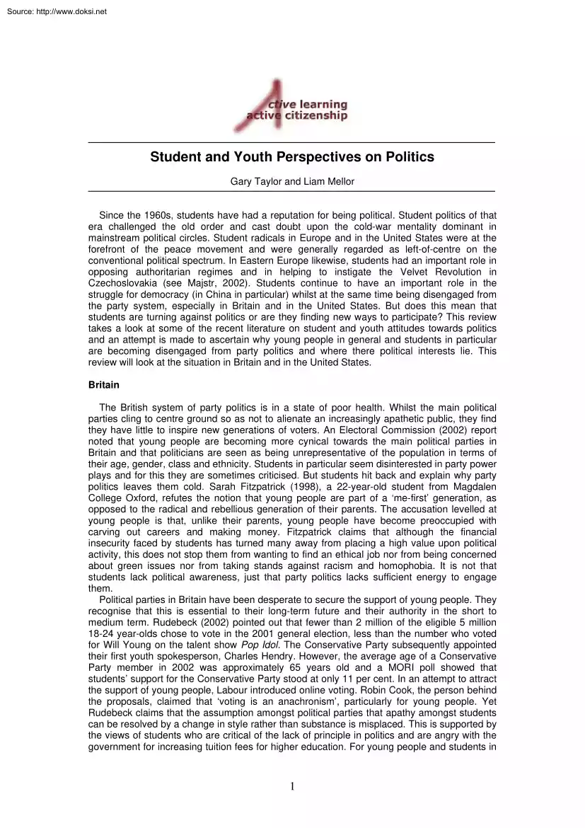 Taylor-Mellor - Student and Youth Perspectives on Politics