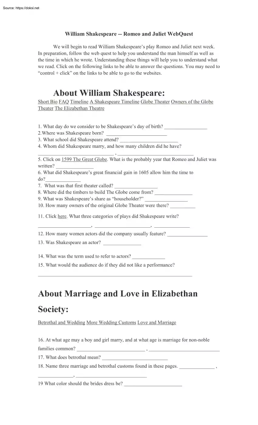 William Shakespeare, Romeo and Juliet WebQuest