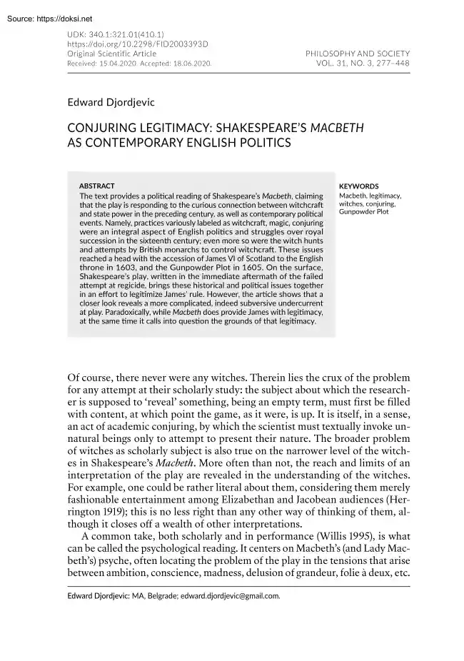 Edward Djordjevic - Conjuring Legitimacy, Shakespeares Macbeth as Contemporary English Politics