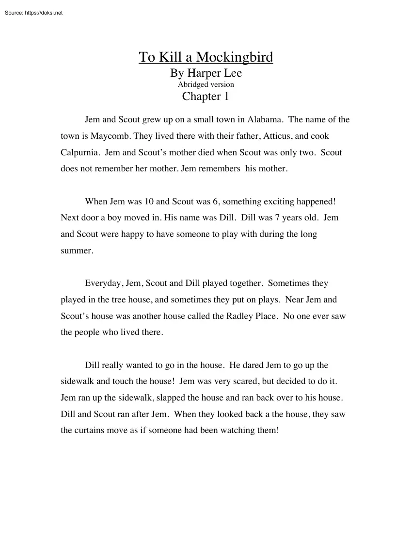 To Kill a Mockingbird By Harper Lee, Abridged version