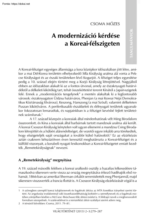Csoma Mózes - A modernizáció kérdése a Koreai-félszigeten