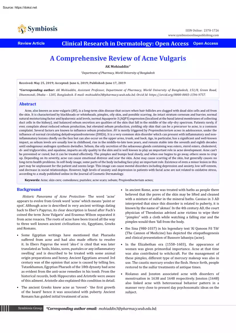 AK Mohiuddin - A Comprehensive Review of Acne Vulgaris