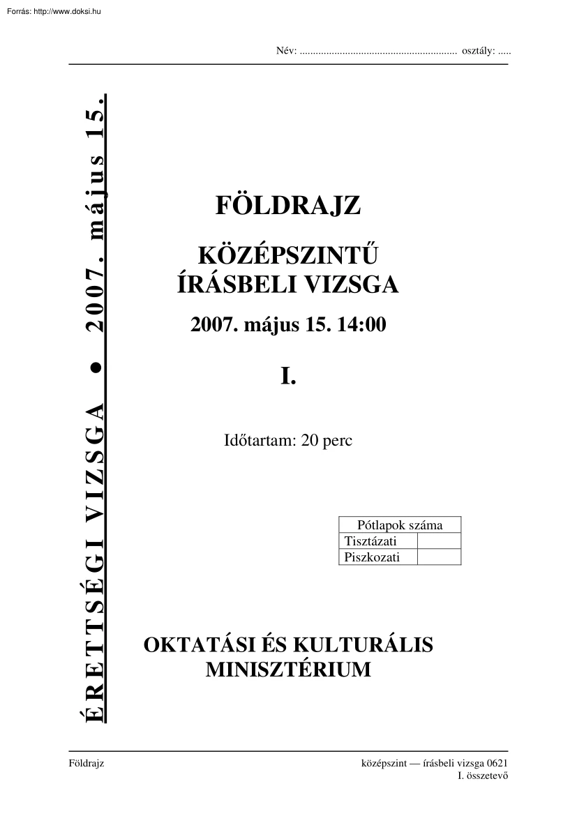 Földrajz középszintű írásbeli érettségi vizsga, megoldással, 2007