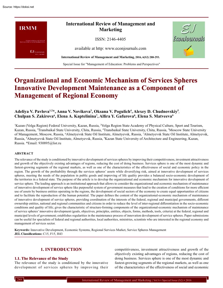 Pavlova-Novikova-Pogulich - Organizational and Economic Mechanism of Services Spheres Innovative