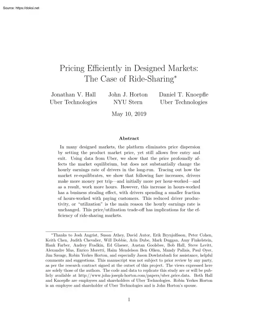 Hall-Horton-Knoepfle - Pricing Efficiently in Designed Markets, The Case of Ride-Sharing