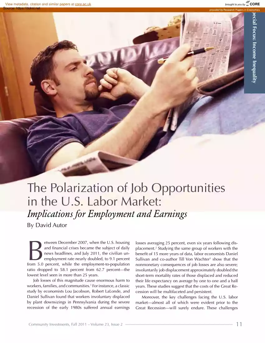 David Autor - The Polarization of Job Opportunities in the U.S. Labor Market, Implications for