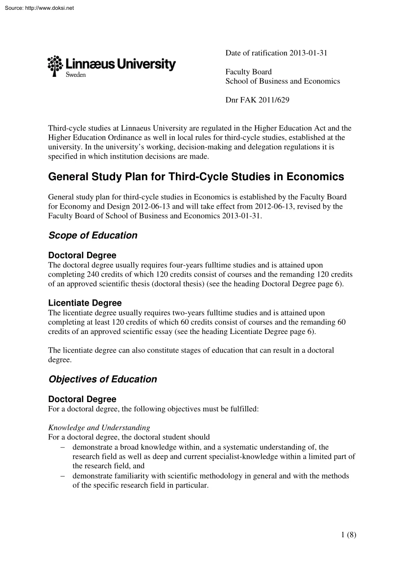 General Study Plan for Third-Cycle Studies in Economics