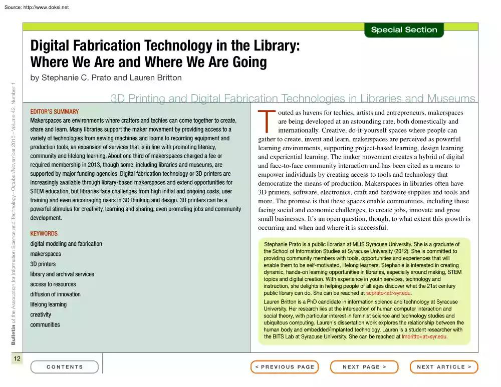 Prato-Britton - Digital Fabrication Technology in the Library, Where We Are and Where We Are Going
