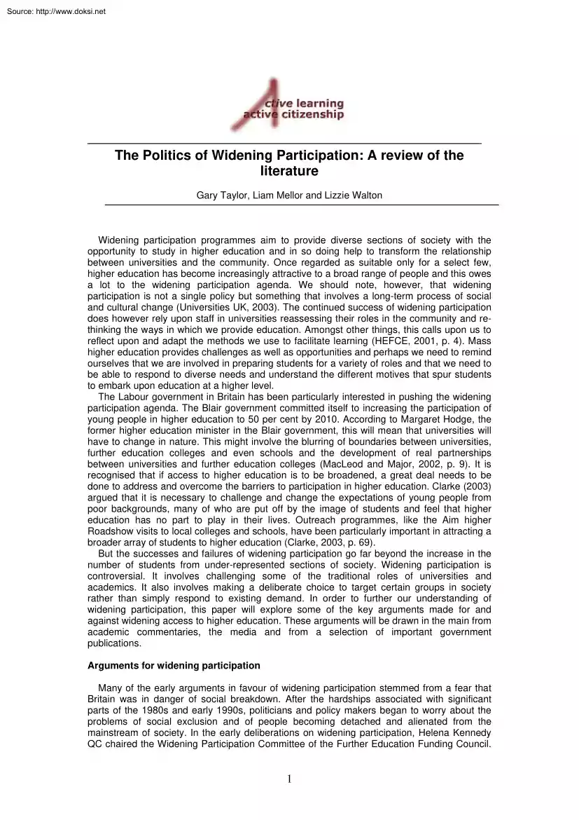 Taylor-Mellor-Walton - The Politics of Widening Participation, A Review of the Literature