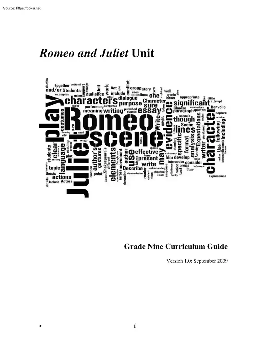 Romeo and Juliet Unit, Grade Nine Curriculum Guide