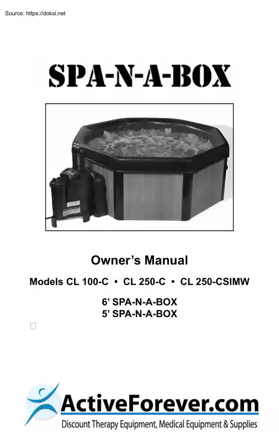 Spa n a Box, Owners Manual, Models CL100C, CL250C, CL250CSIMW