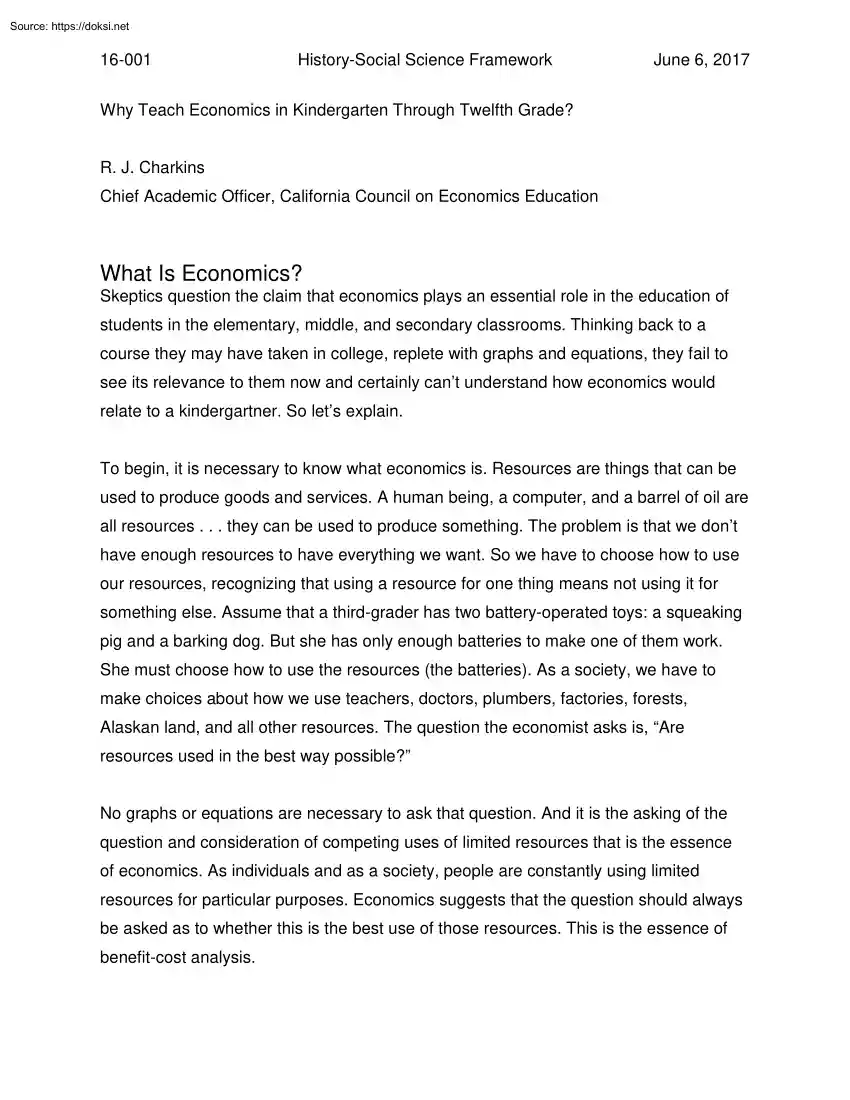R. J. Charkins - Why Teach Economics in Kindergarten Through Twelfth Grade