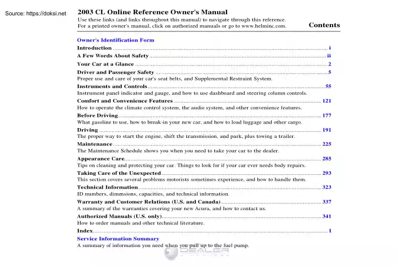 Acura 2003 CL Owners Manual