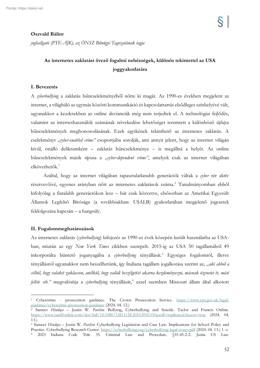 Oszvald Bálint - Az internetes zaklatást övező fogalmi nehézségek, különös tekintettel az