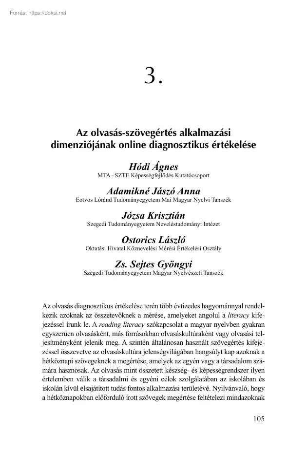Az olvasás-szövegértés alkalmazási dimenziójának online diagnosztikus értékelése
