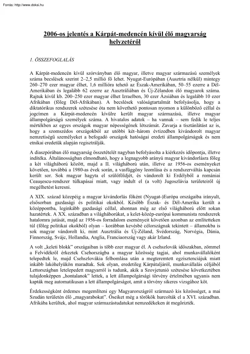 2006. évi jelentés a Kárpát-medencén kívül élő magyarság helyzetéről