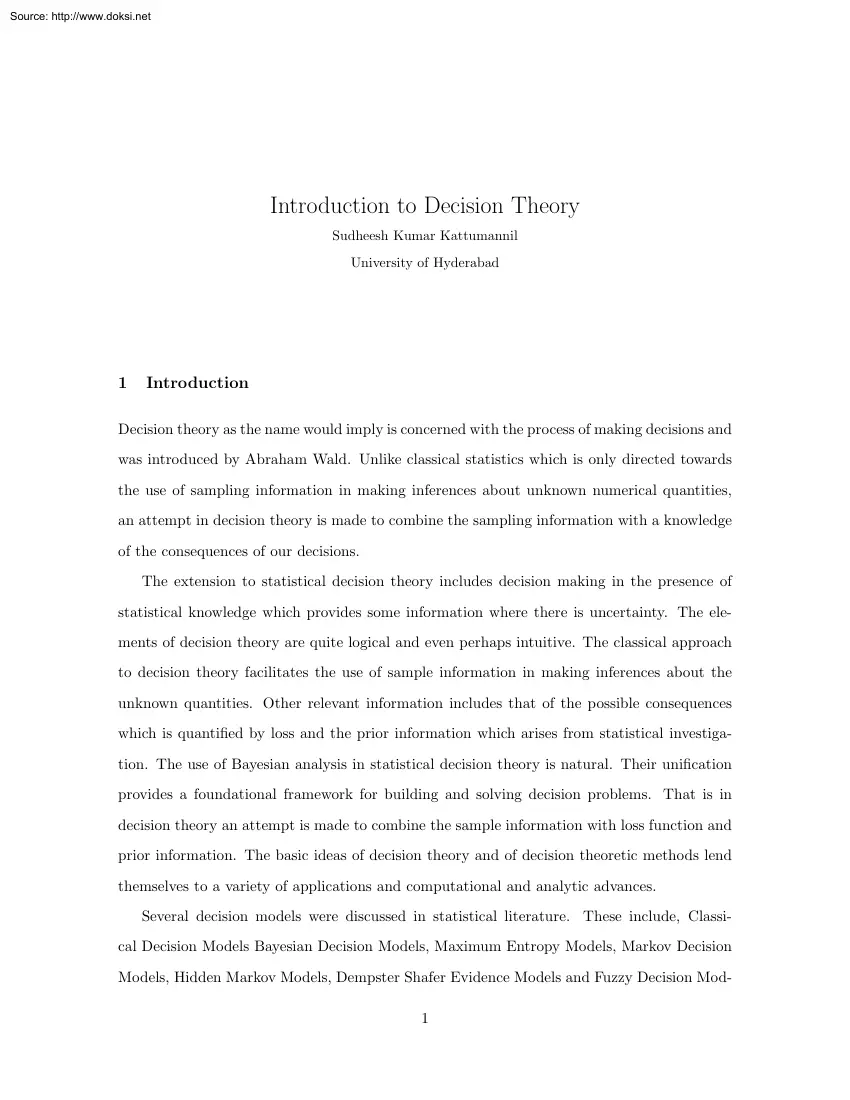Sudheesh Kumar Kattumannil - Introduction to Decision Theory