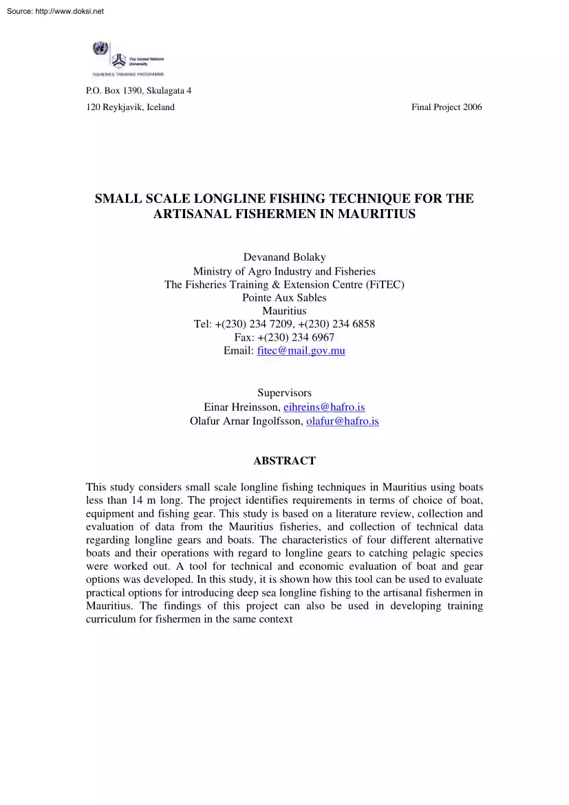 Devanand Bolaky - Small Scale Longline Fishing Technique for the Artisanal Fishermen in Mauritius