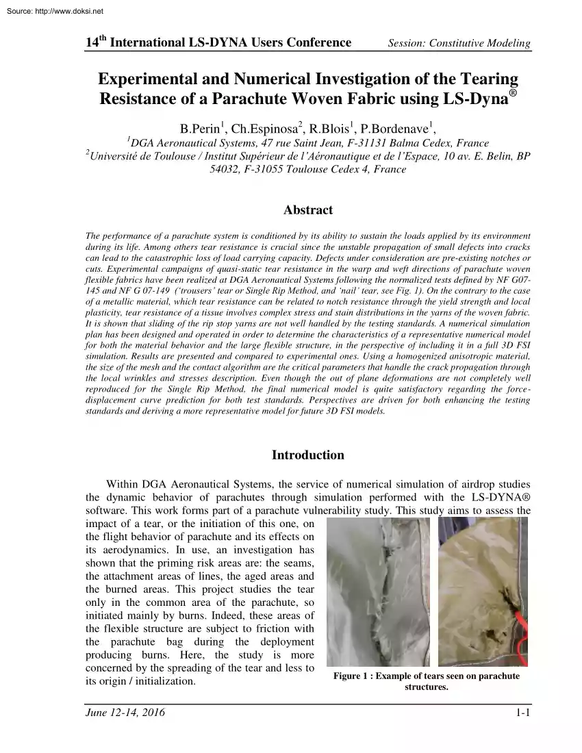 Perin-Espinosa-Blois - Experimental and Numerical Investigation of the Tearing Resistance of a Parachute Woven Fabric Using LS-Dyna