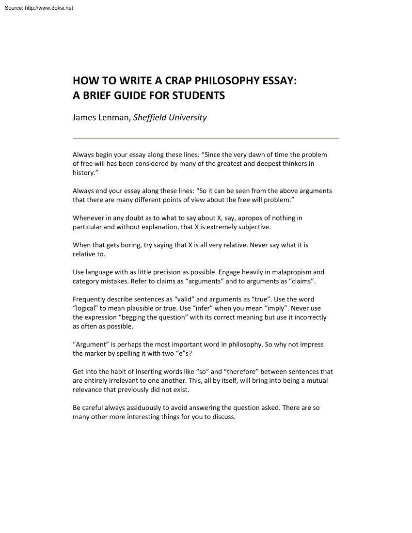 James Lenman - How to write a crap Philosophy essay, A brief guide for students
