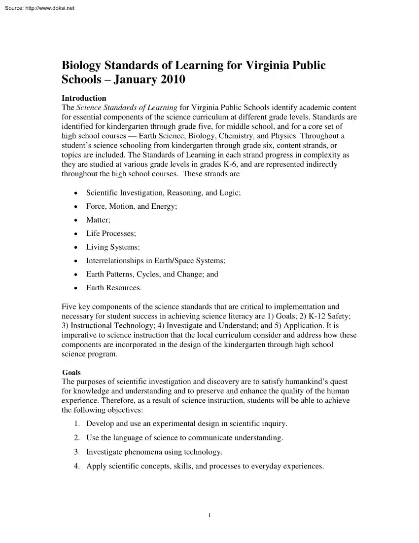 Biology Standards of Learning for Virginia Public Schools